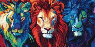 三頭絢麗色彩獅子插畫