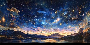 夢(mèng)幻星空下的山水夜景