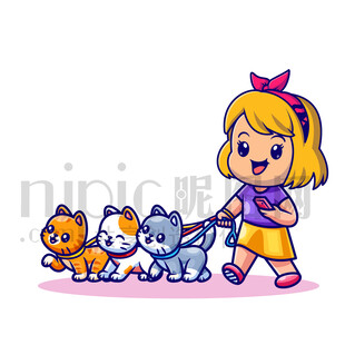 女孩牽著可愛寵物狗狗