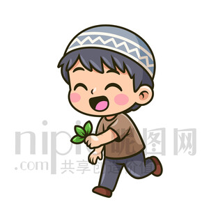 奔跑的戴帽小男孩手持绿叶