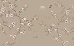 新中式工笔花鸟画电视背景墙壁纸