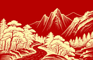 中式紅金線條山水畫