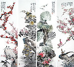 名家字画付强花鸟画四屏