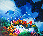 漂亮的手绘动物海豚油画