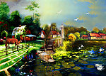 油画风景 山村荷塘