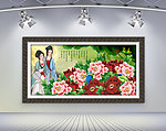 仕女看花富贵水墨国画