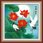 荷花仙鹤图