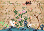 仙鹤牡丹 工笔 手绘 竹帘画