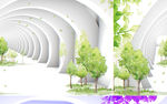 桥洞绿树工笔过道3D艺术背景墙