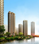 湖边住宅小区建筑效果图