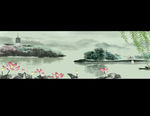 中国传统水墨风格西湖雷峰塔荷花
