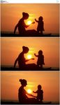唯美温馨海滩夕阳下的母子