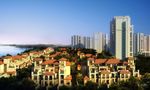 江边别墅区黄昏鸟瞰建筑效果图