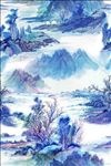 中国风青绿山水国画数码印花图案