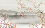 新中式山水玉兰花鸟壁画电视背景