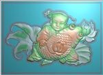 童子抱鱼挂件牌子精雕图浮雕灰度