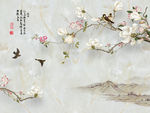 清新简约玉兰花鸟电视背景墙