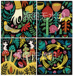 森林植物动物鸟花草枝叶树木插图