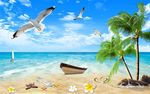 3D温馨浪花椰树沙滩海景电视背