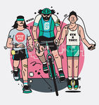 跑步骑车跳绳运动健身房卡通插图