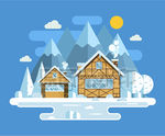 冬天冰雪山峰村庄房屋树天云插图