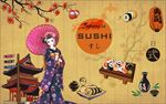 日式风格和服仕女寿司背景墙