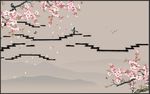 新中式水墨画江南春桃花背景墙壁