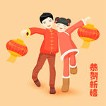 春节喜庆儿童卡通打灯笼插画矢量