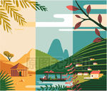 旅游度假山河水船乡村树梯田插图