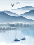 清新中式水墨山水远山壁画