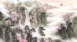 中国风大型手绘工装风景画背景墙