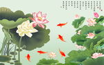 手绘荷塘荷花九鱼图