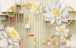 3d玉雕花朵九鱼图电视背景墙
