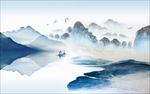 蓝色水墨风格山水河川壁画背景墙