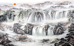 流水生财 气势山河壁画背景墙