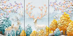 浮雕森林北欧麋鹿装饰画三联画