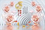 3d浮雕花朵九鱼图电视背景墙