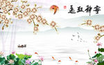 中式山水画彩雕花卉电视背景墙