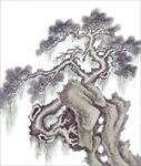 水墨画古树山石