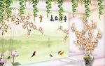 清新花藤彩雕花卉山水画背景墙