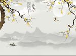 山水情飞鸟古树中式屏风玄关背景