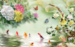 牡丹花鸟鱼玉雕电视背景墙