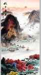 旭日东升水墨彩色山水画玄关屏风