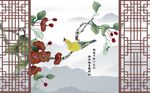 新中式屏风水墨花鸟远山背景墙