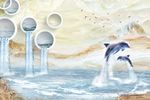 3D幻影圈圈海豚大理石纹山水