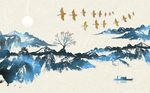 蓝色质感山水禅意背景墙