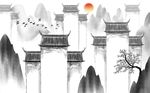 手绘徽派建筑山水画背景墙