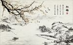 红梅水墨山水背景墙