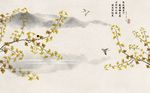 水墨山水背景枫叶花鸟背景墙