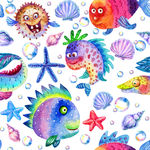 手绘水彩海洋鱼海星贝壳海螺图案